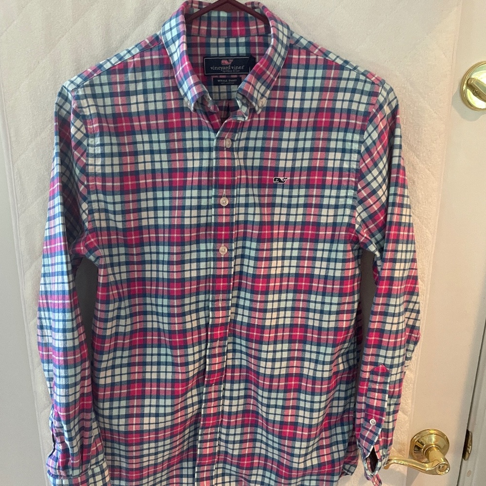 Vinyard Vines 100% cotton whale shirt, pink and blue gingham size boys L (16)